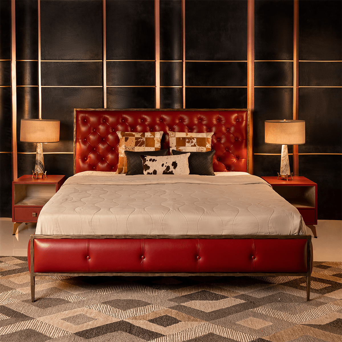 Chesterfield Leather King Bed Red