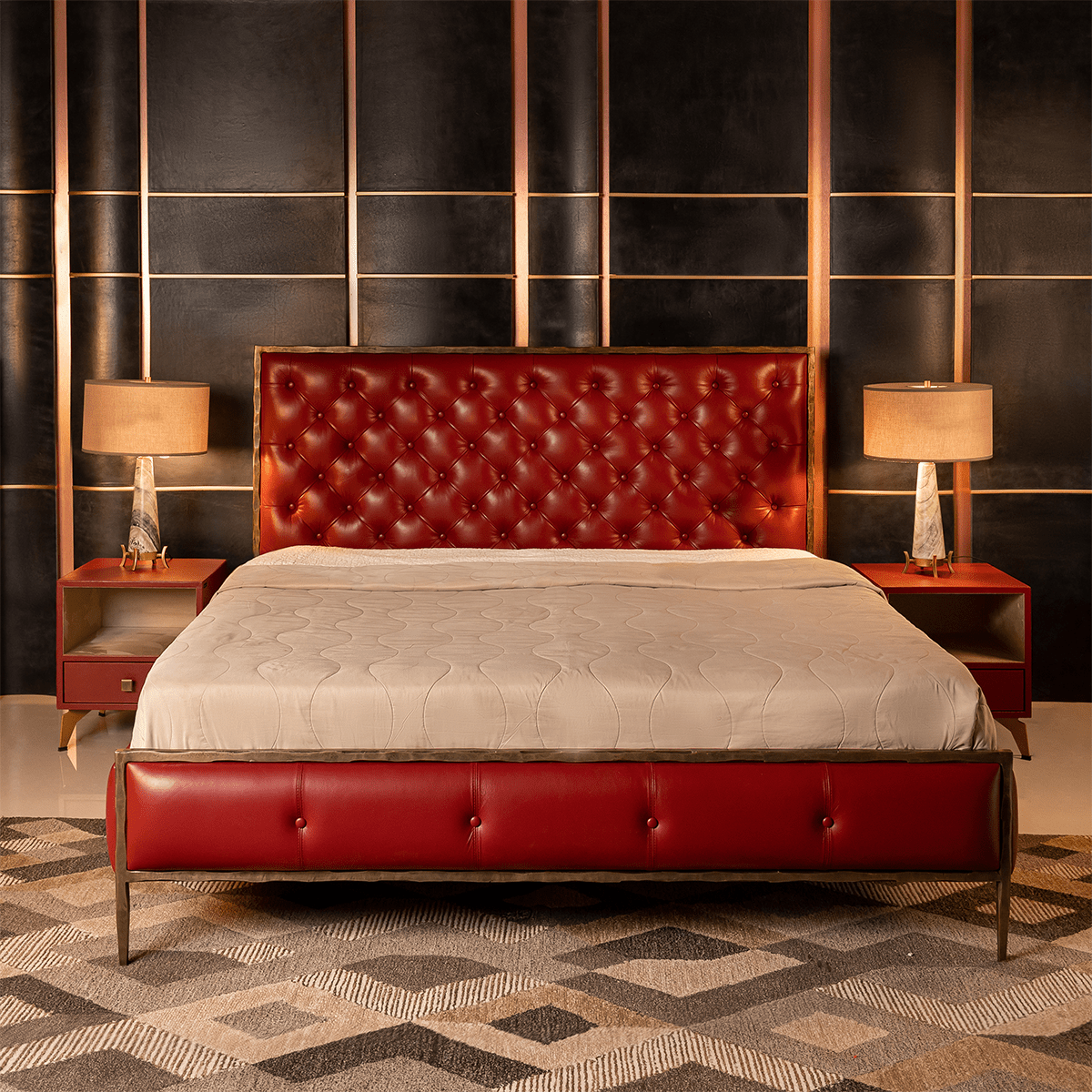 Chesterfield Leather King Bed Red