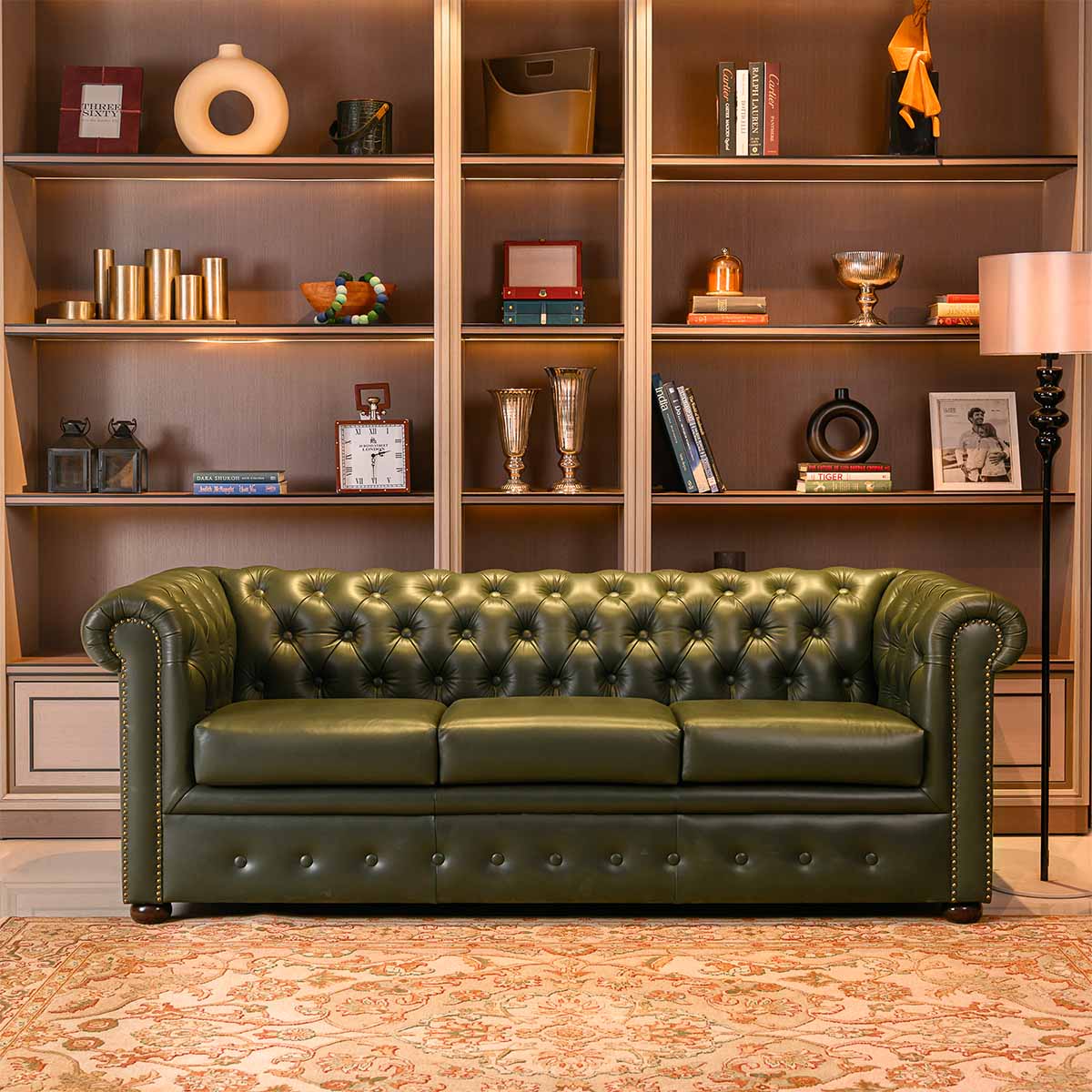 Chesterfield Leather Three Seater Sofa Green