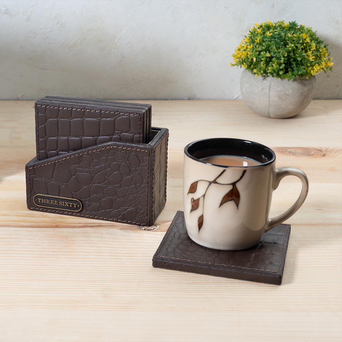 Eden Coaster Set of 4 In Genuine Croco Leather Brown