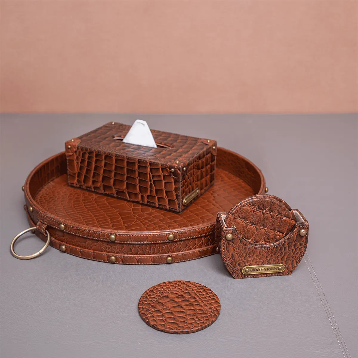 Eden Round Tray Set with Tissue Box & Coasters Tan