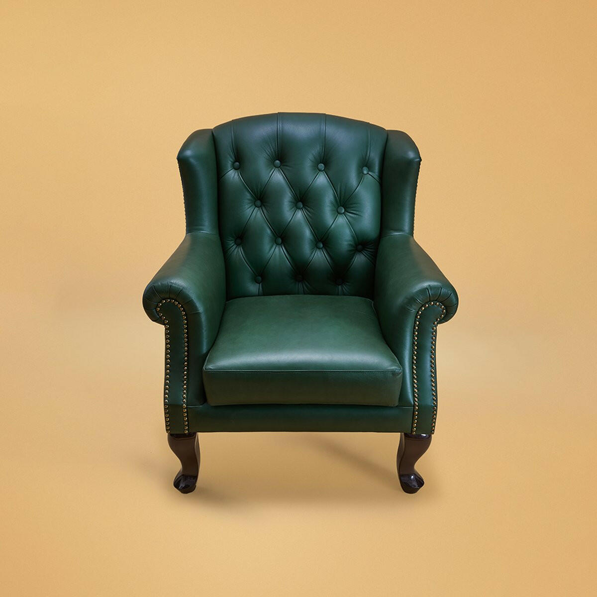 Genuine Leather Chesterfield Wing Chair In Green Colour - Three Sixty