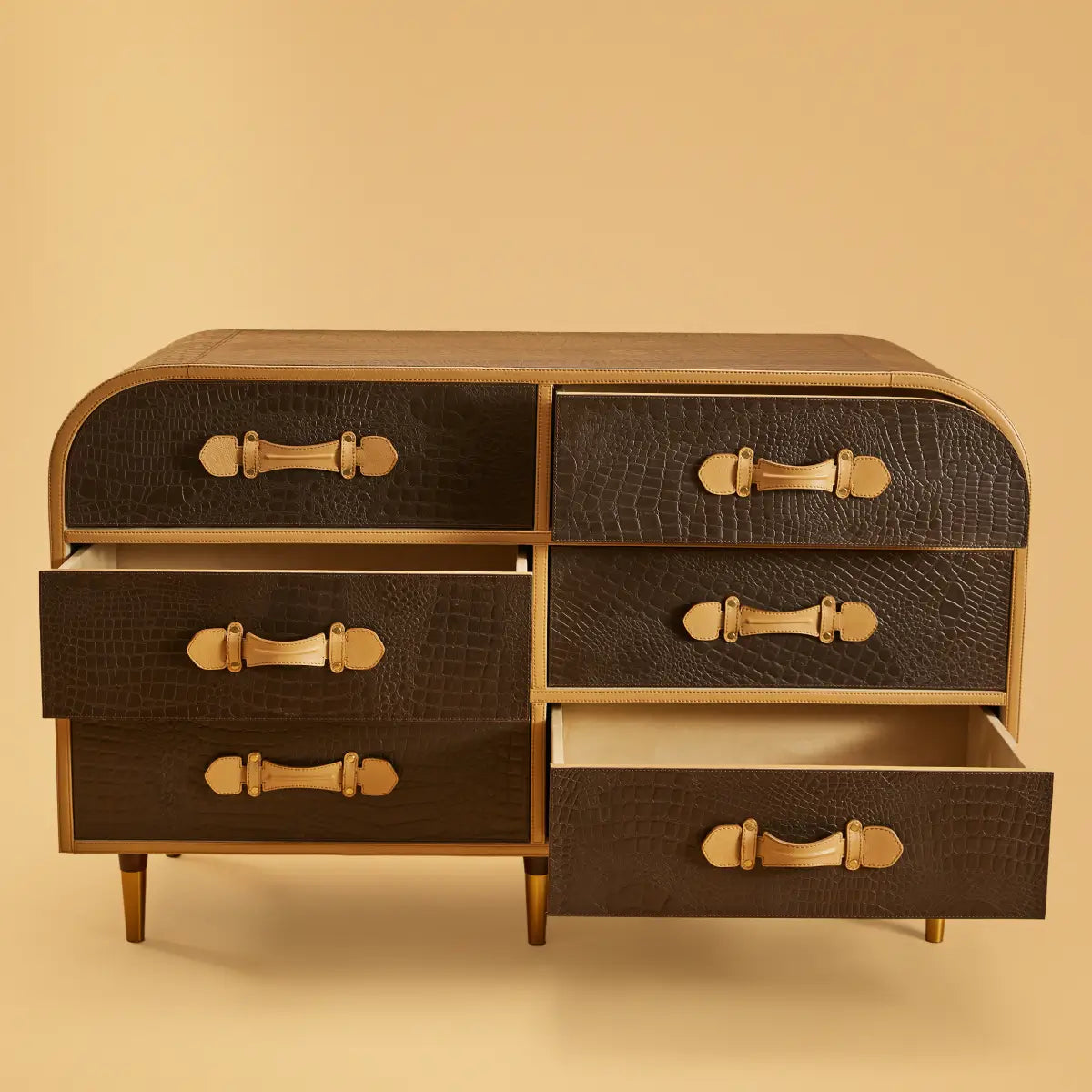 Mid-Century-Genuine Leather Chest of Six Drawers