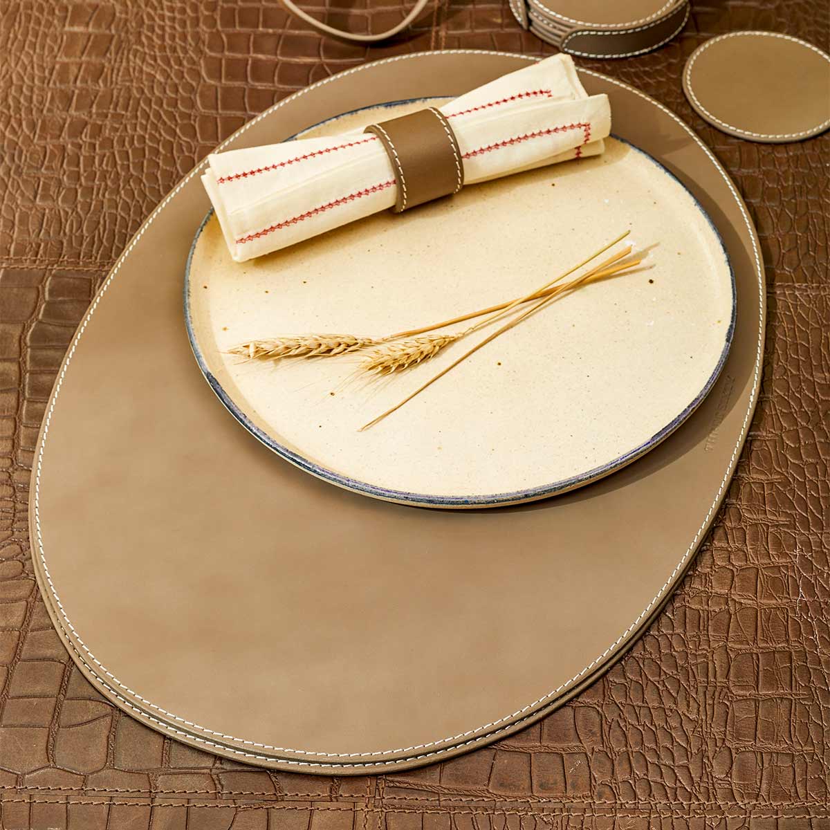 Modella Napkin Holder & Placemats Set Of 6 Taupe