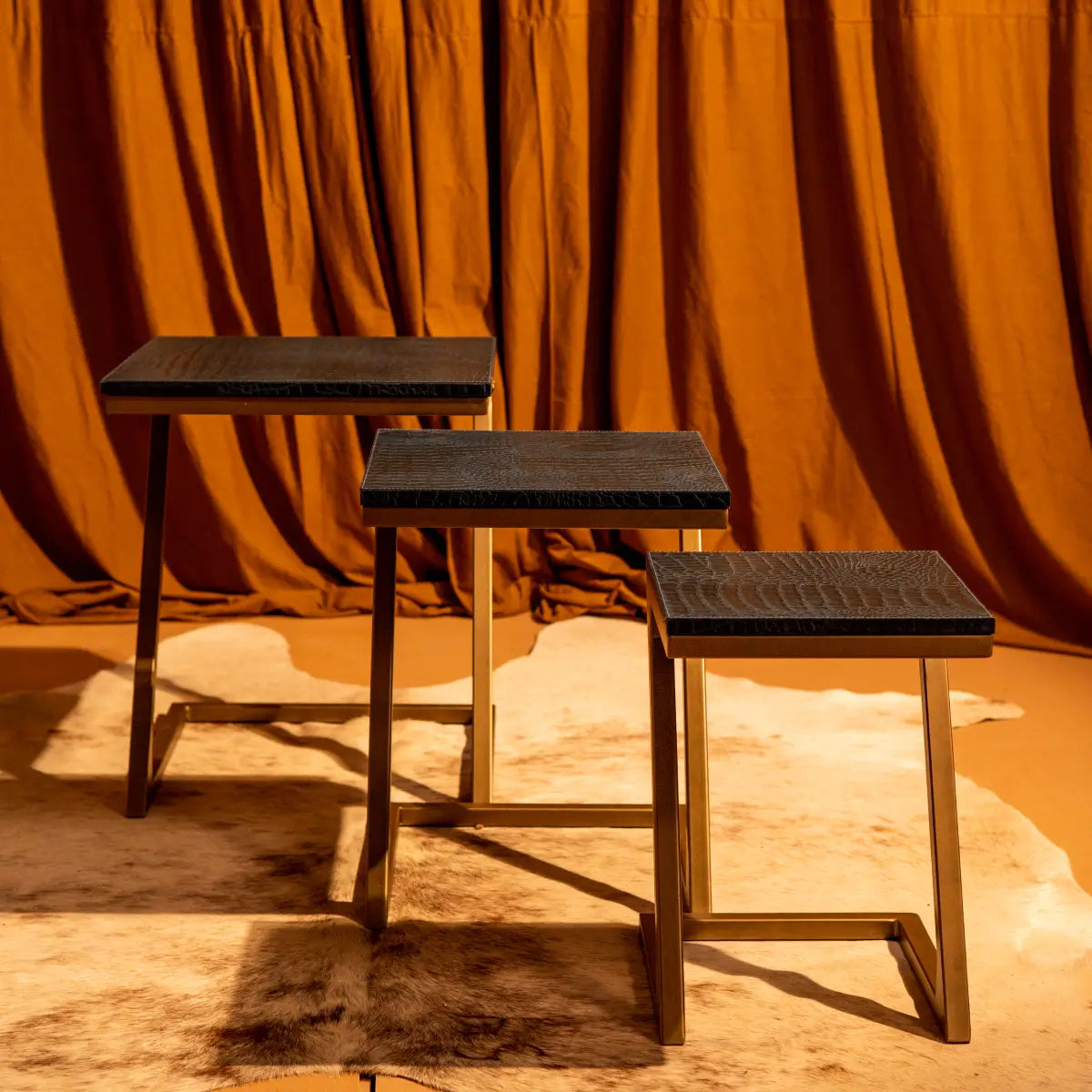 Nested Tables (Set of three)- Embossed Leather Blue