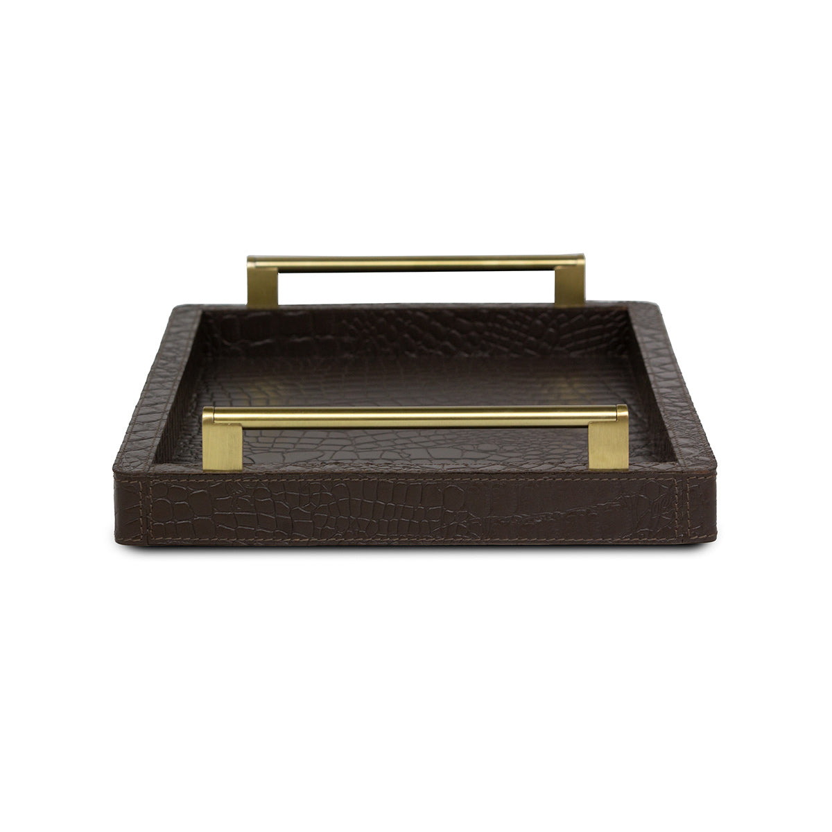 Brown Rectangular Tray In Genuine Croco Leather