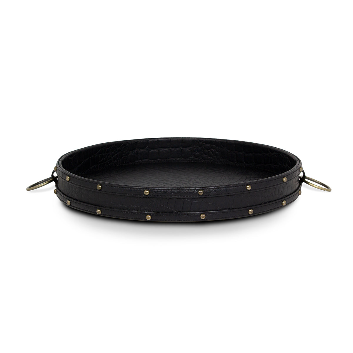 Eden Round Tray In Genuine Croco Leather Black