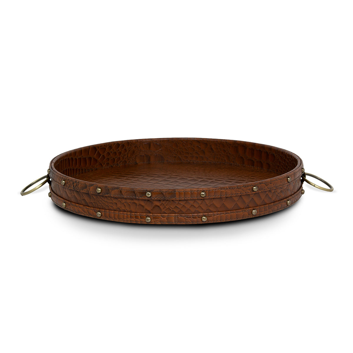 Eden Round Tray In Genuine Croco Leather Tan