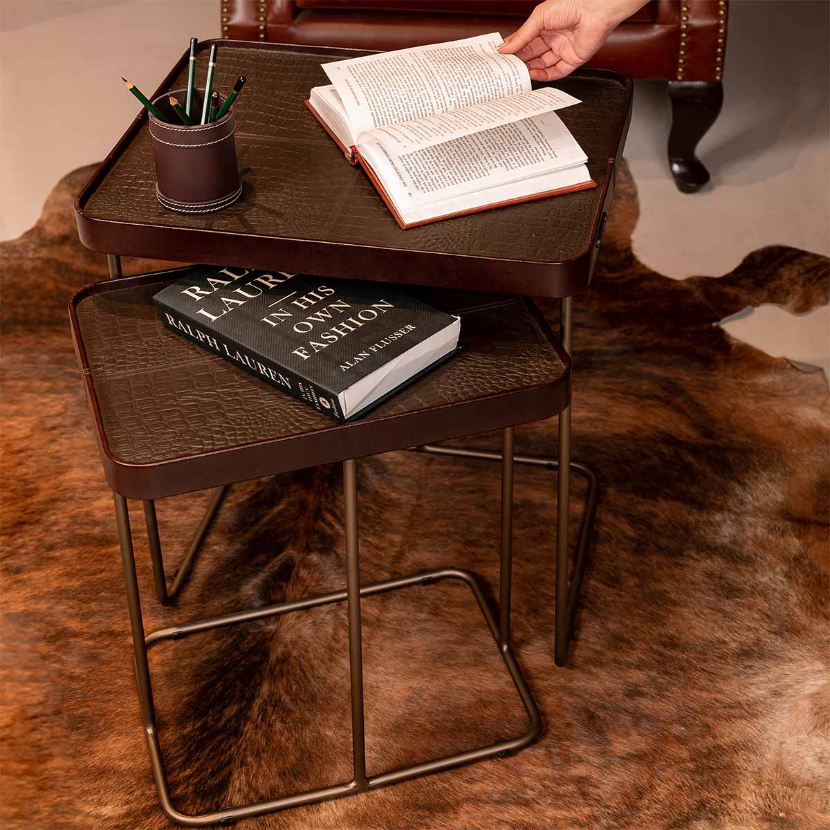 Croco Nested Table- Brown (Set Of Two)