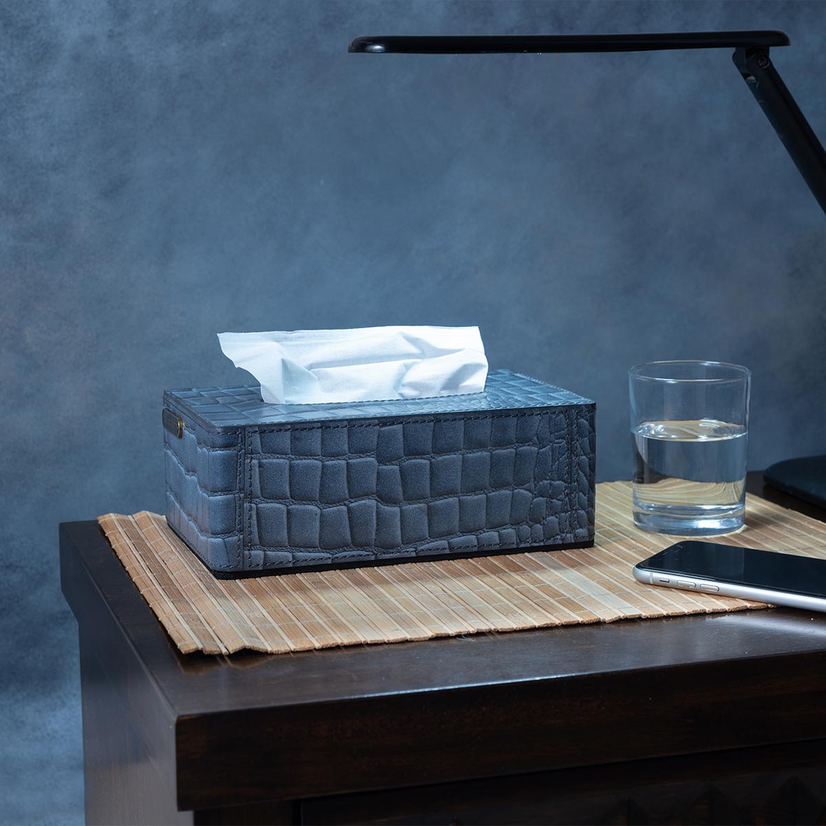 Eden Tissue Box In Genuine Croco Leather Grey