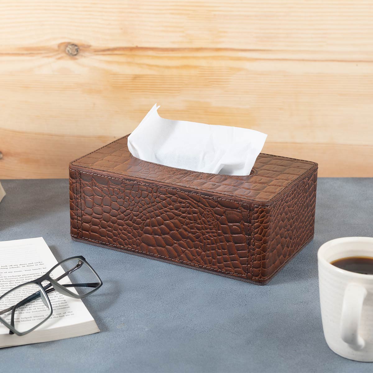 Eden Tissue Box In Genuine Croco Leather Tan