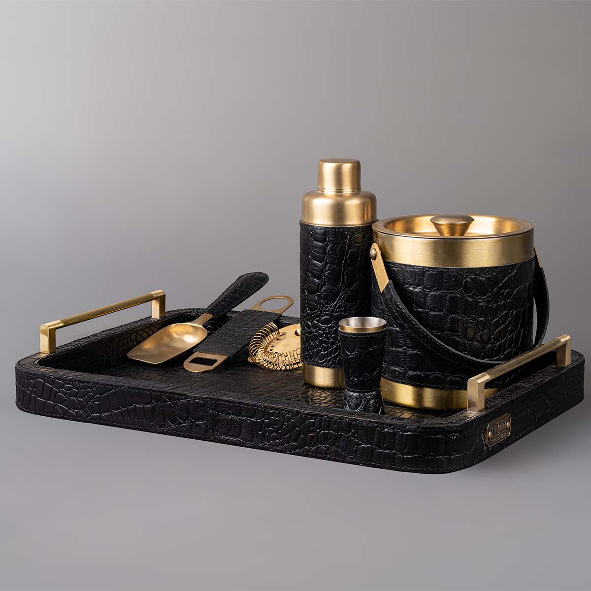 Debonair Bar Tray & Cocktail Set Metal Handle - Black