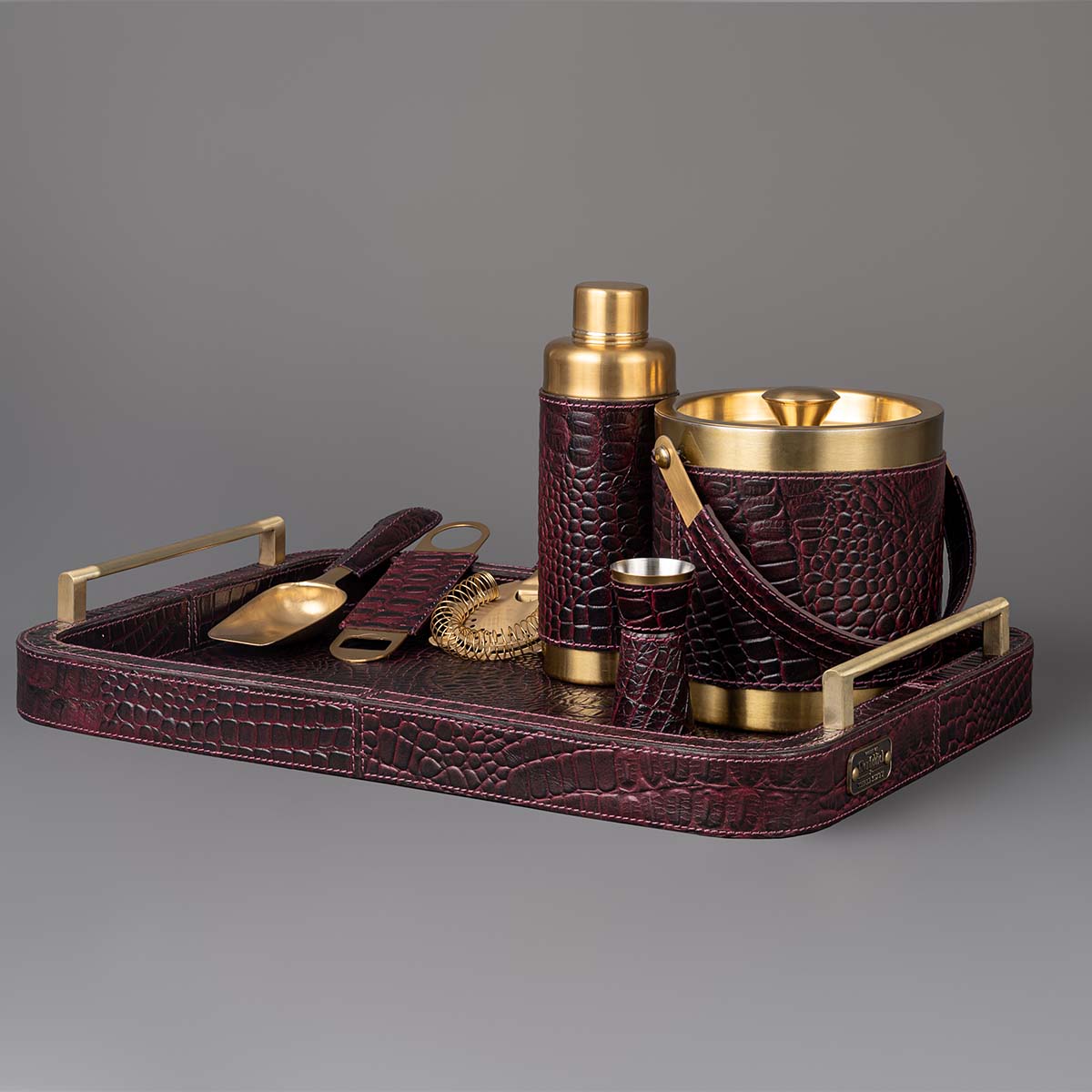 Debonair Bar Tray & Cocktail Set Metal Handle - Burgundy