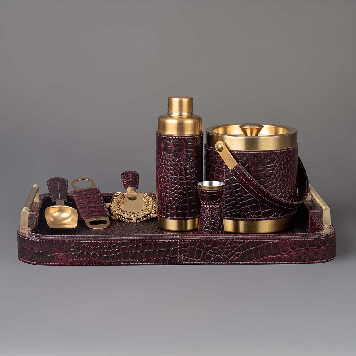 Debonair Bar Tray & Cocktail Set Metal Handle - Burgundy