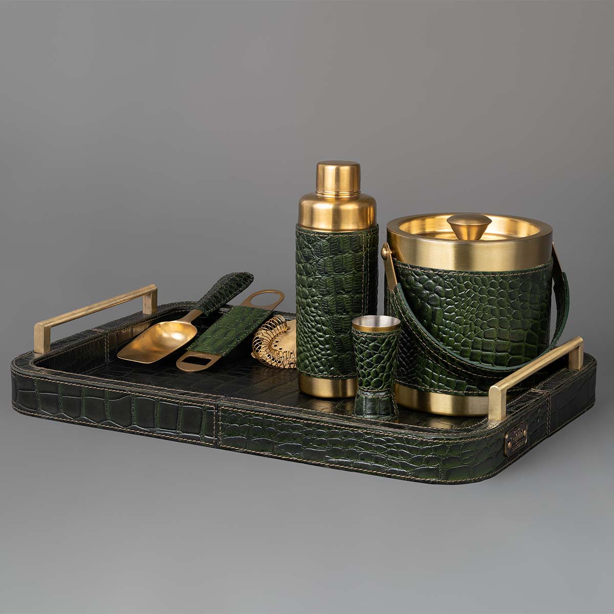 Debonair Bar Tray & Cocktail Set Metal Handle - Green