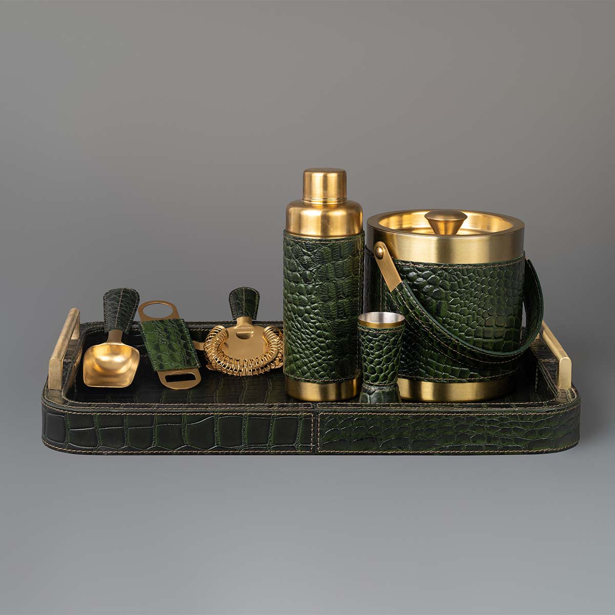 Debonair Bar Tray & Cocktail Set Metal Handle - Green