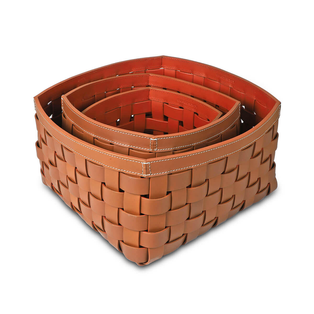 Recycled Woven Leather Baskets Set of 3 in Cognac by Quince