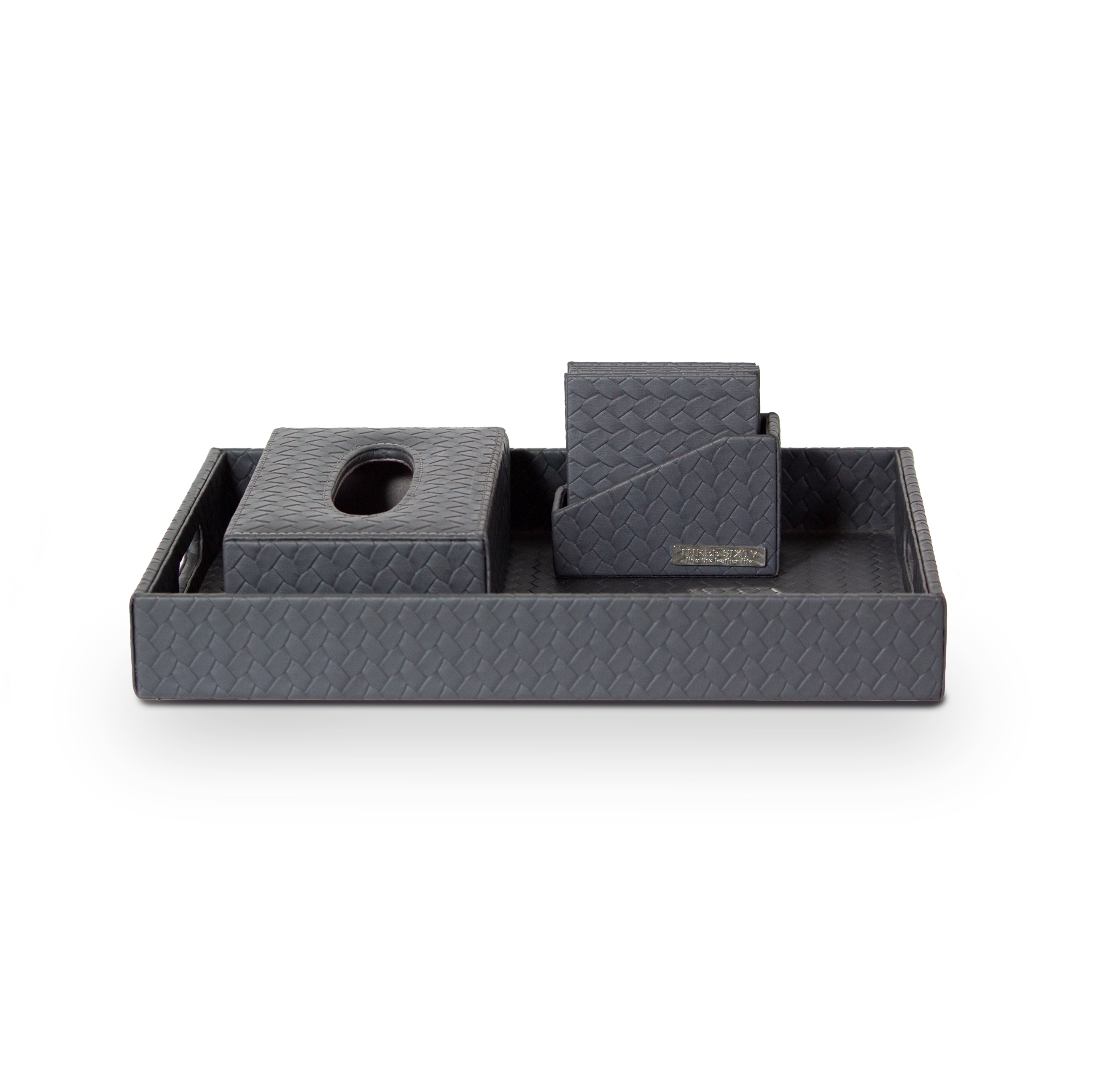 Entwine Leather Tray Set with Tissue Box & Coasters Grey