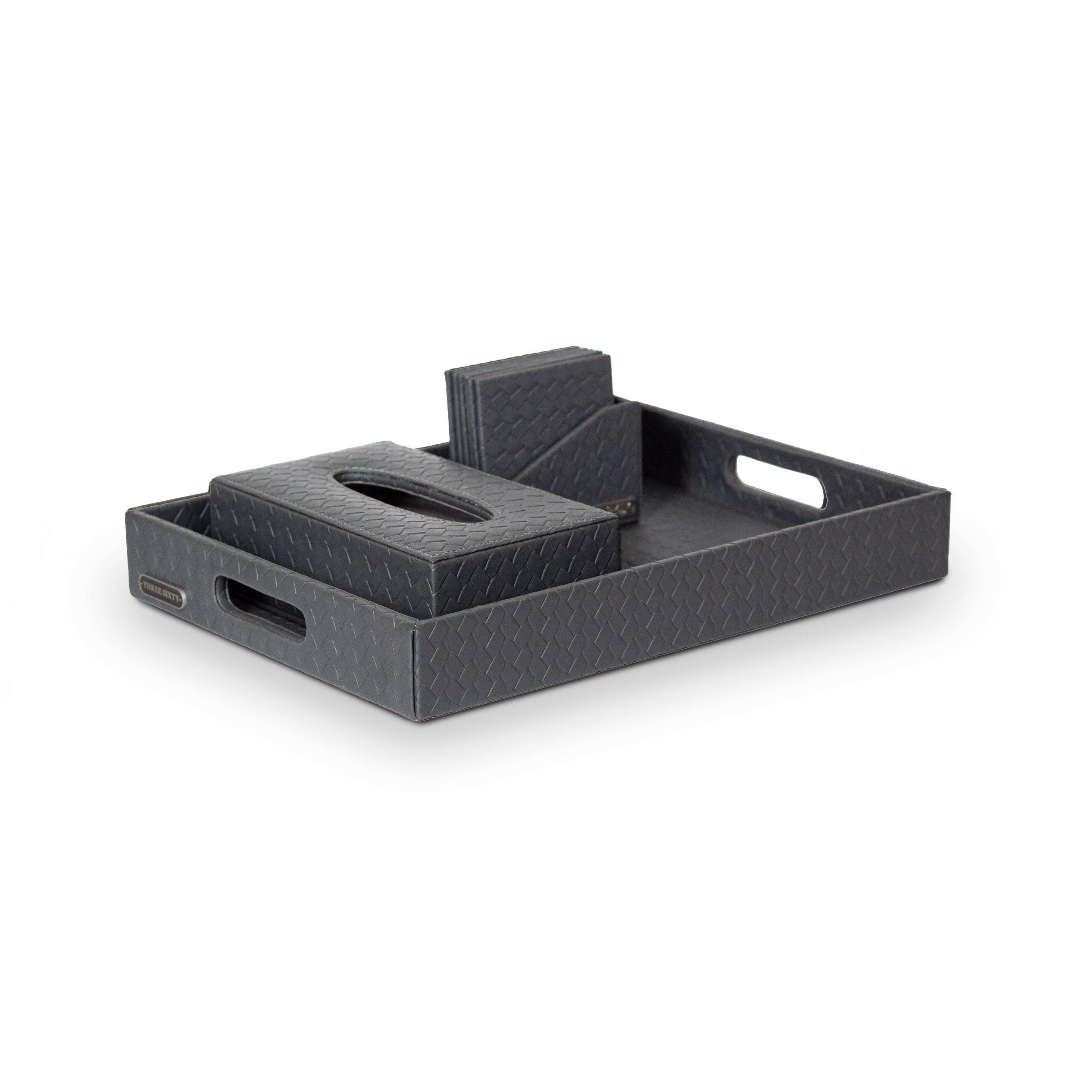 Entwine Leather Tray Set with Tissue Box & Coasters Grey