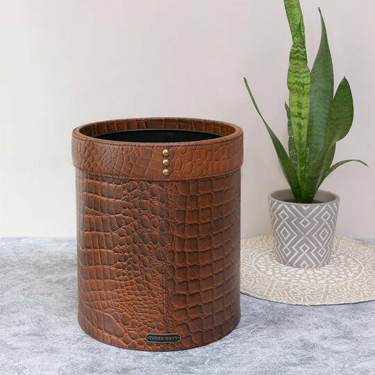 Eden Waste Bin In Genuine Croco Leather Tan