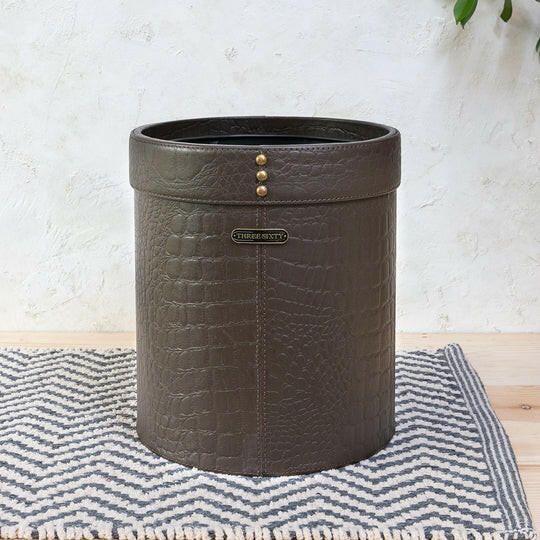 Eden Waste Bin In Genuine Croco Leather Brown