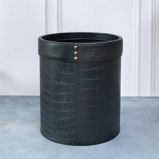 Eden Waste Bin In Genuine Croco Leather Black